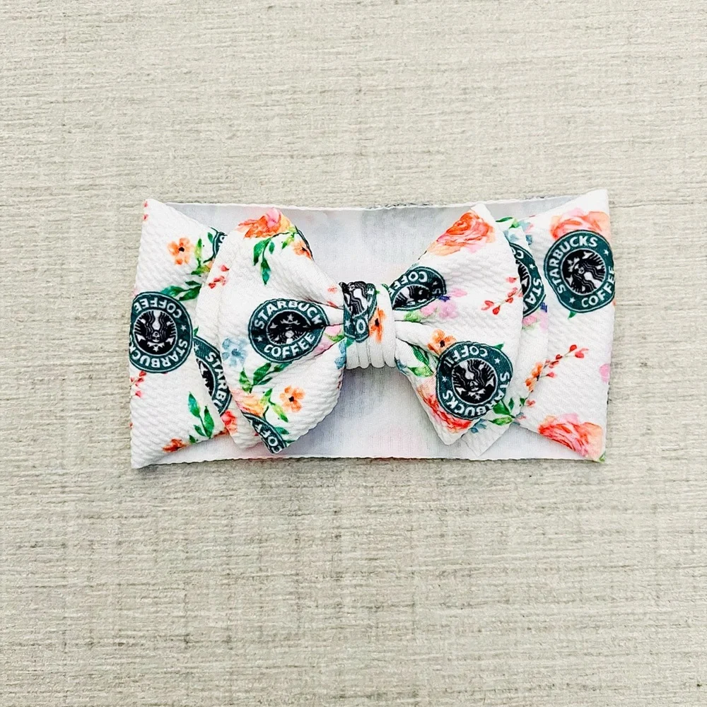 Floral Big Bow Headband Baby Girl 0-3M Green White Coffee Inspired